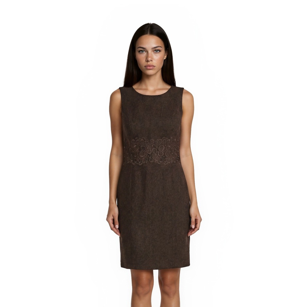 Oscar de la Renta Tweed Sheath Dress Women's Size 14 Brown Embroidered Vintage
